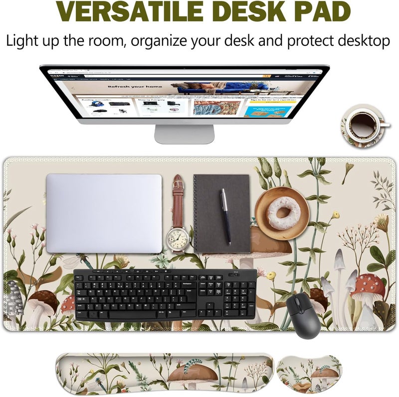 AIMSA Large Gaming Mouse Pad Set, Keyboard Wrist Rest Support+ Extended Mousepad+ Mouse Wrist Cushion+Coaster, Ergonomic Multifunctional Desk Mat 35x15.7in, Mushroom Plant Garden - Image 2